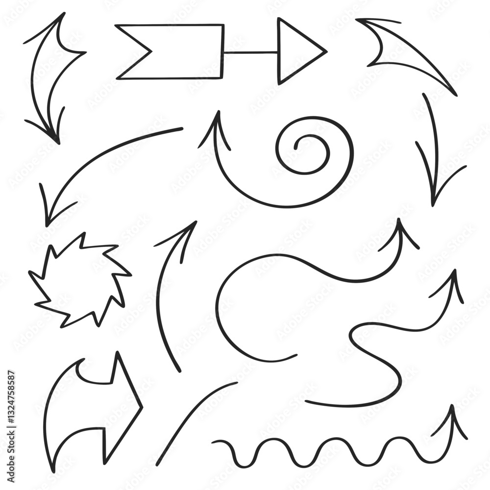 Various hand-drawn arrows and flow symbols in black line art, ideal for graphic design and illustration. Various hand-drawn arrows and flow symbols in black line art, ideal for graphic design and illustration.