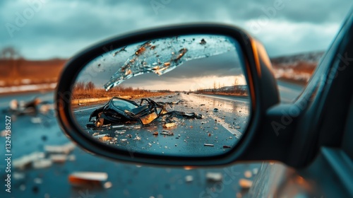 This image captures the aftermath of a devastating car crash on a highway, showcasing the chaos and destruction left in its wake, provoking thoughts on mortality and recklessness. photo