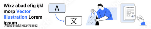 Person reviewing contract. Characters converting between languages. Ideal for translation services, localization, global business, multilingual support, international contracts, language education