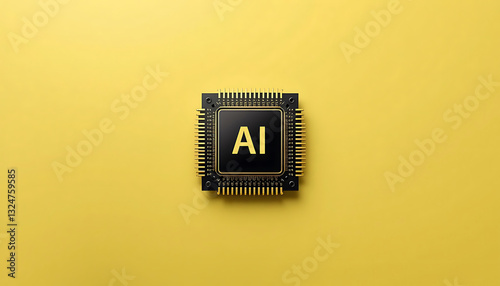 Futuristic AI chip with glowing circuit board, artificial intelligence, machine learning. advanced computing technology. yellow technology background. digital innovation, high-performance processing