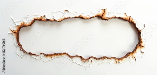 Burnt hole in white paper background creating frame. Brown scorched edges, detailed paper texture, blank abstract design. Concept of damage, space, advertisement. Burnt cardboard. Macro horizontal