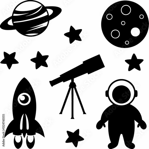 Black Silhouette Space Icons Set with Rocket, Telescope, Planet, Stars, and Astronaut