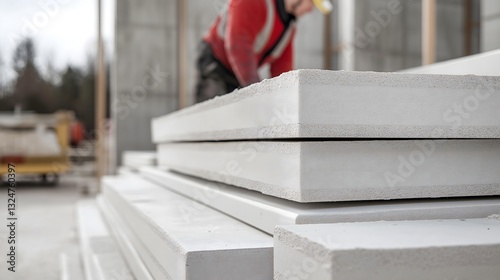 Stack of expanded polystyrene concrete slabs ready for installation at construction site during daylight hours