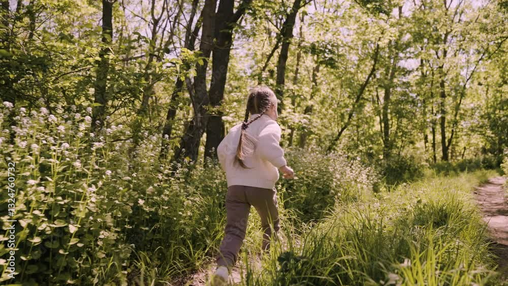 A young girl is walking through a forest. The girl is wearing a white jacket and has her hair in pigtails. The forest is lush and green, with many trees and flowers A young girl is walking through a forest. The girl is wearing a white jacket and has her hair in pigtails. The forest is lush and green, with many trees and flowers