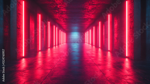 Neon-lit Concrete Corridor with Vibrant Red and Blue Light. ai generated