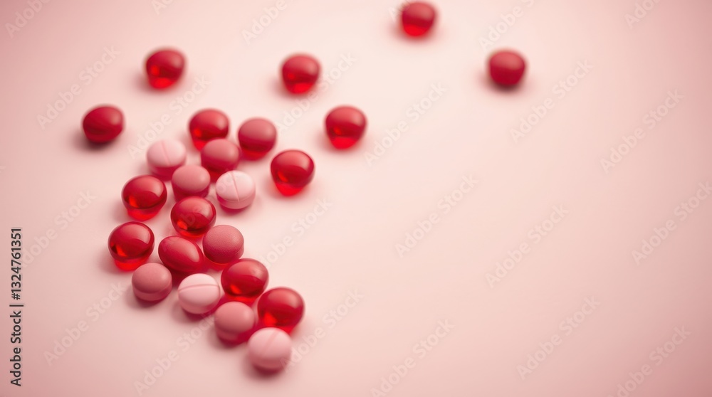 Scattered pills on a pink surface. Medical treatment, pain relief, and healthcare concept in a minimal style.