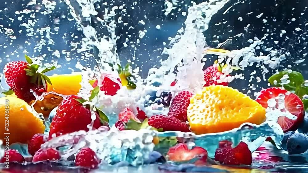 Juicy colorful fruits creating refreshing splashes in water
