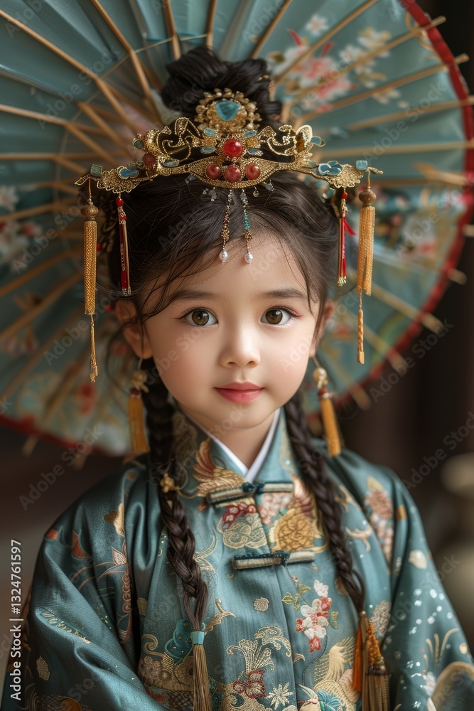 Chinese Child Wearing Traditional Clothing Representing Spring Colors Outdoors Chinese Child Wearing Traditional Clothing Representing Spring Colors Outdoors