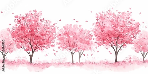 Watercolor cherry blossom trees on white background