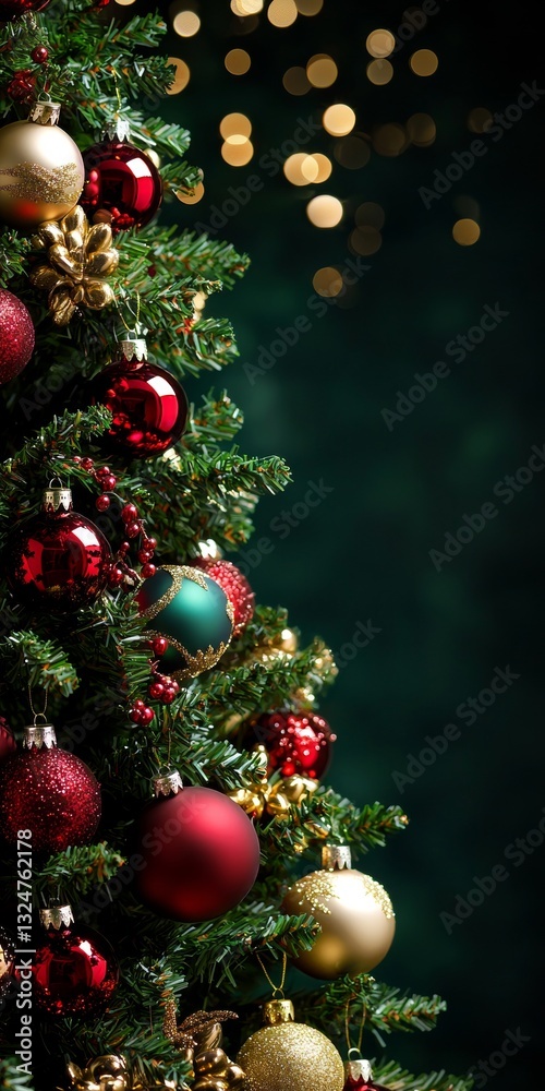 Fototapeta premium Christmas Tree Adorned with Red and Gold Ornaments Against Dark Background in Closeup