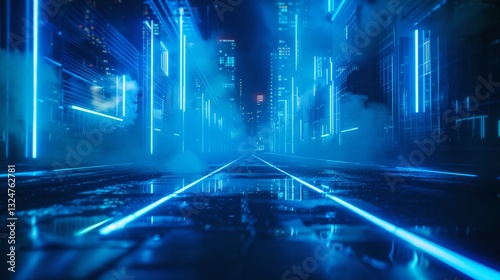 Cinematic movie still with blue neon lights and creative path in the background