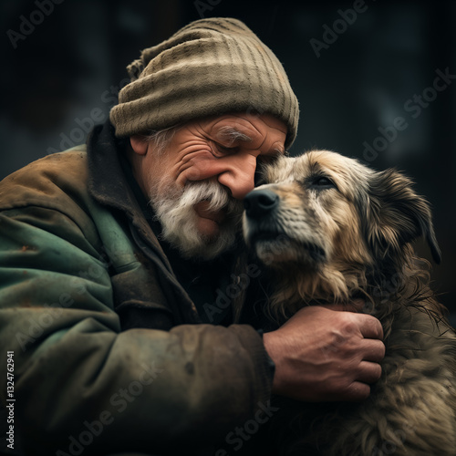 homeless man sitting on the street with a dog