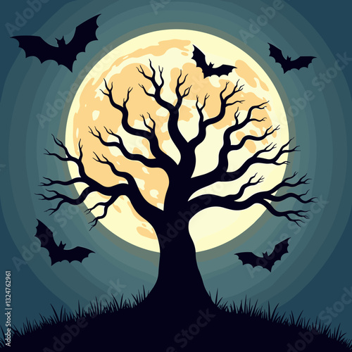 Spooky tree silhouette with bats against full moon, Halloween theme