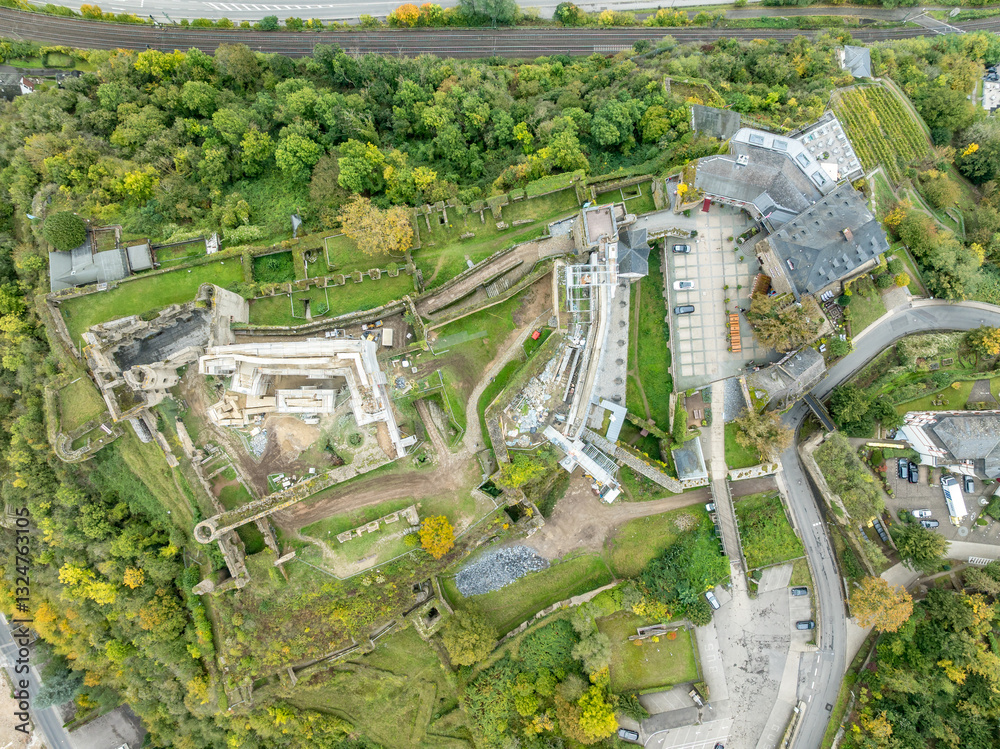 Rheinfels Castle: Majestic ruins overlooking the Rhine, a medieval fortress whispering tales of centuries past in the heart of Germany aerial view
