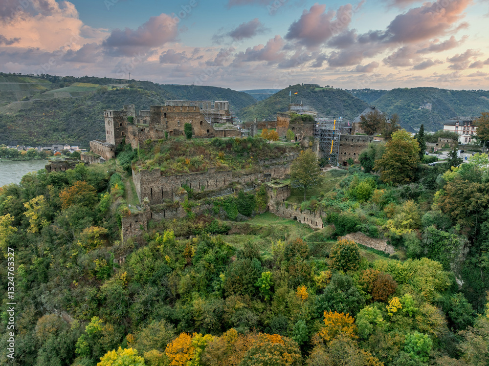 Aerial view of Rheinfels castle medieval ruin under reconstruction in Germany