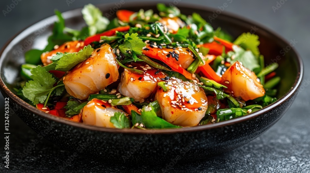 A vibrant seafood salad bursting with fresh greens, colorful vegetables, and rich flavors, ideal for promoting healthy dining experiences and raw food cuisine aesthetics.