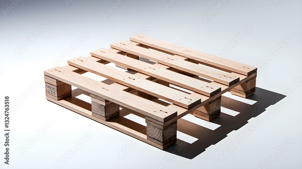 A wooden pallet on a white background, the pallet is made of light-colored wood and has a simple design, with several planks running horizontally and supported by blocks underneath A wooden pallet on a white background, the pallet is made of light-colored wood and has a simple design, with several planks running horizontally and supported by blocks underneath