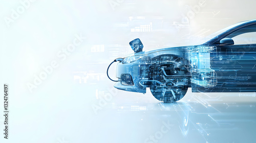 Futuristic Blue Car With Digital Data Overlay In Motion On Light Background Automotive Technology