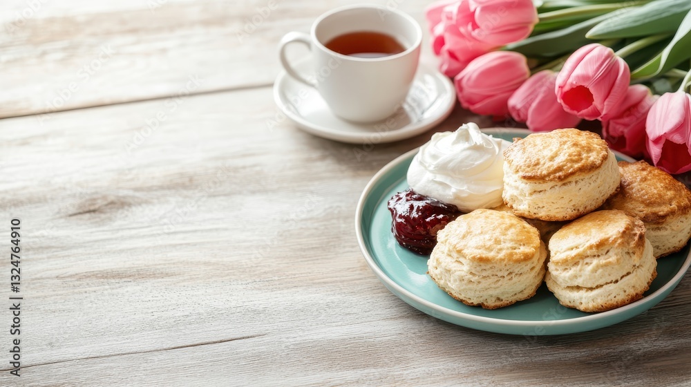 An artfully arranged plate of golden scones with cream and jam beside a steaming cup of tea, contrasted with a vibrant bouquet of tulips, evoking warmth and elegance. An artfully arranged plate of golden scones with cream and jam beside a steaming cup of tea, contrasted with a vibrant bouquet of tulips, evoking warmth and elegance.
