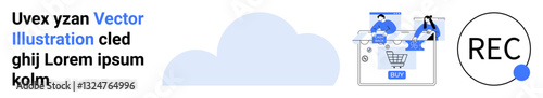 Shopping cart with BUY button, two figures interacting, cloud icon, and REC circle. Ideal for e-commerce, online support, cloud storage, digital transactions, consumer behavior modern retail remote