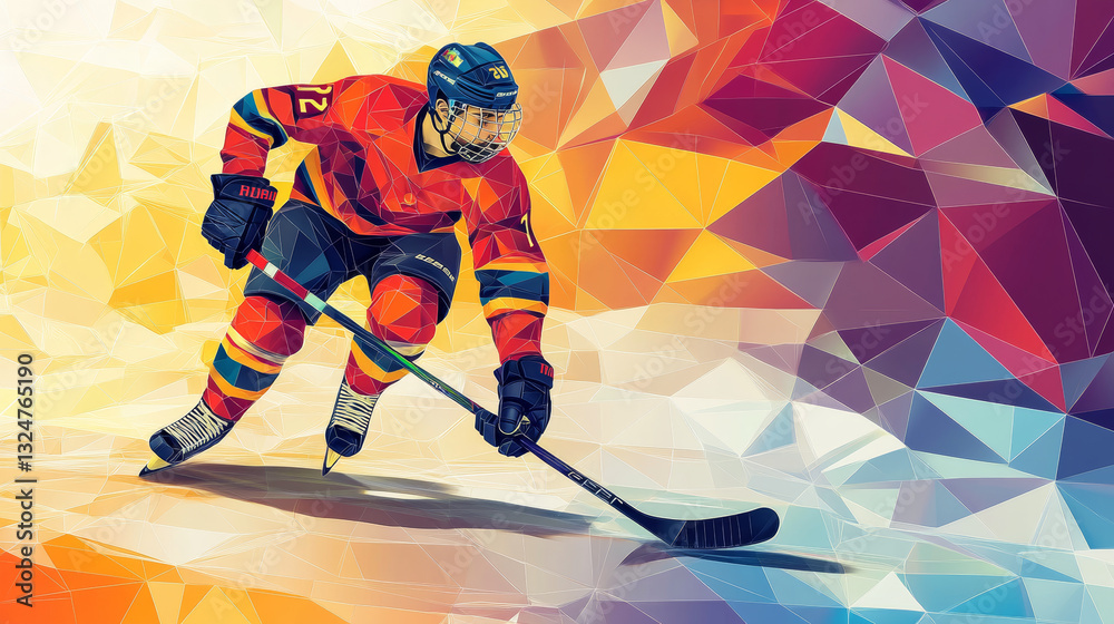 Fototapeta premium Hockey player slides on the ice with a stick. Geometric illustration. Abstract polygonal wireframe mesh - stock vector