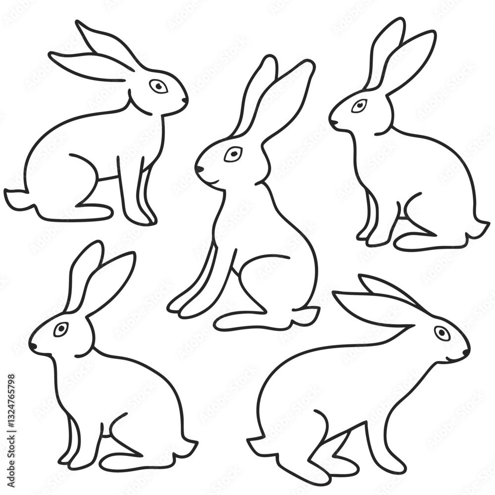 Obraz premium Set of five cute rabbit illustrations on transparent background, hand-drawn in minimalist line art style, perfect for animal-themed projects. ​