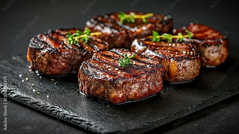 A black slate plate with five perfectly grilled steaks, each one slightly charred and shiny in the meat's natural red color.