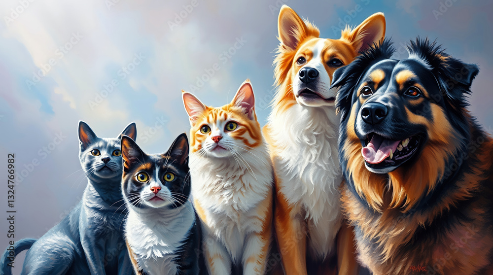 Obraz premium Perfect Pet Painting - Loving Family Of Cats And Dogs Posing Together Against Serene Sky.