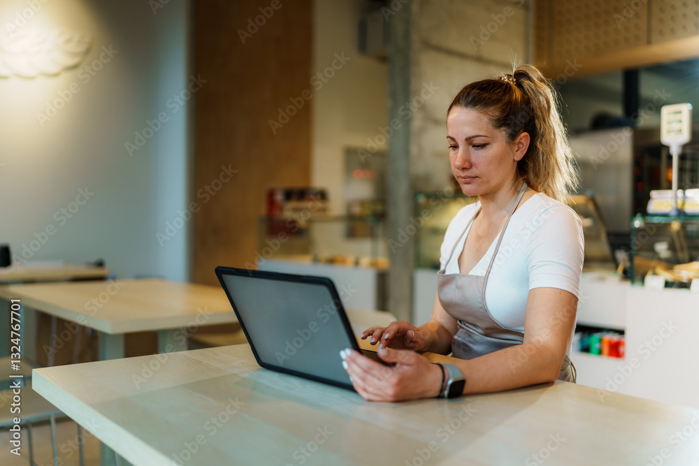 Female baker wearing apron using laptop, managing online orders and inventory in modern bakery shop, ensuring efficient service and customer satisfaction Female baker wearing apron using laptop, managing online orders and inventory in modern bakery shop, ensuring efficient service and customer satisfaction