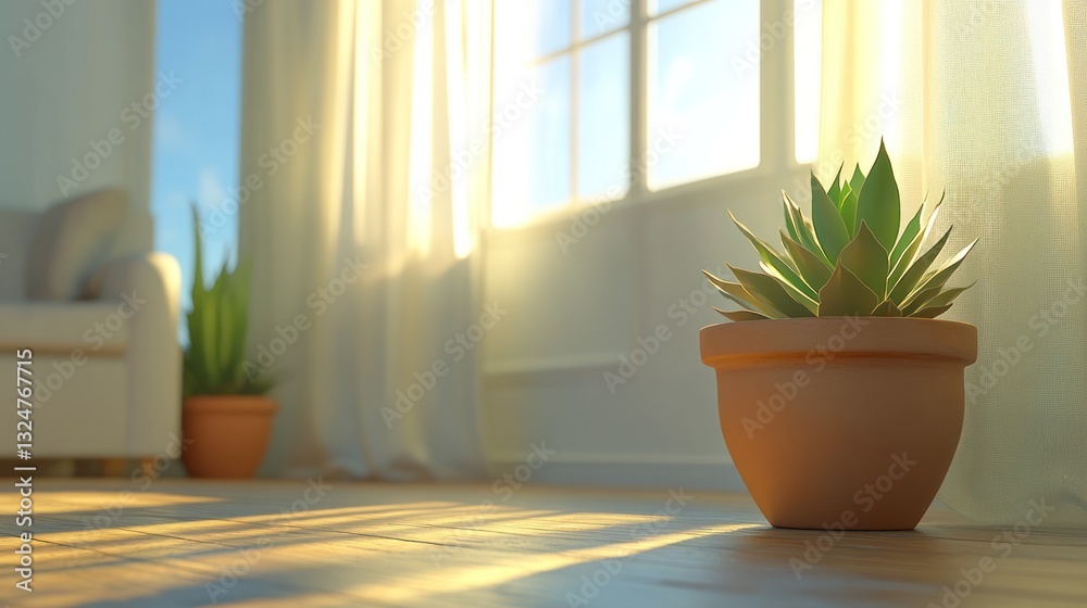 Fototapeta premium Sunlit indoor haven with a potted succulent plant near the window