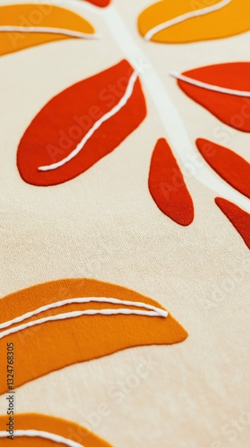 Delicate embroidery highlights rich shades of orange and red in a detailed close-up, capturing the artistry of textile work