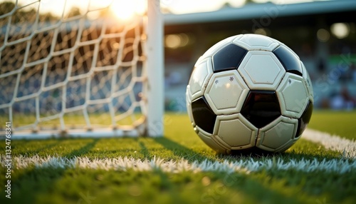 Soccer ball close-up with bright sunlight on a football field near the goal