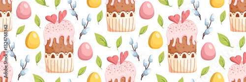 Easter seamless Pattern. Willow and festive cake. Colored eggs. Festive spring backgrounds. Vector flat illustration
