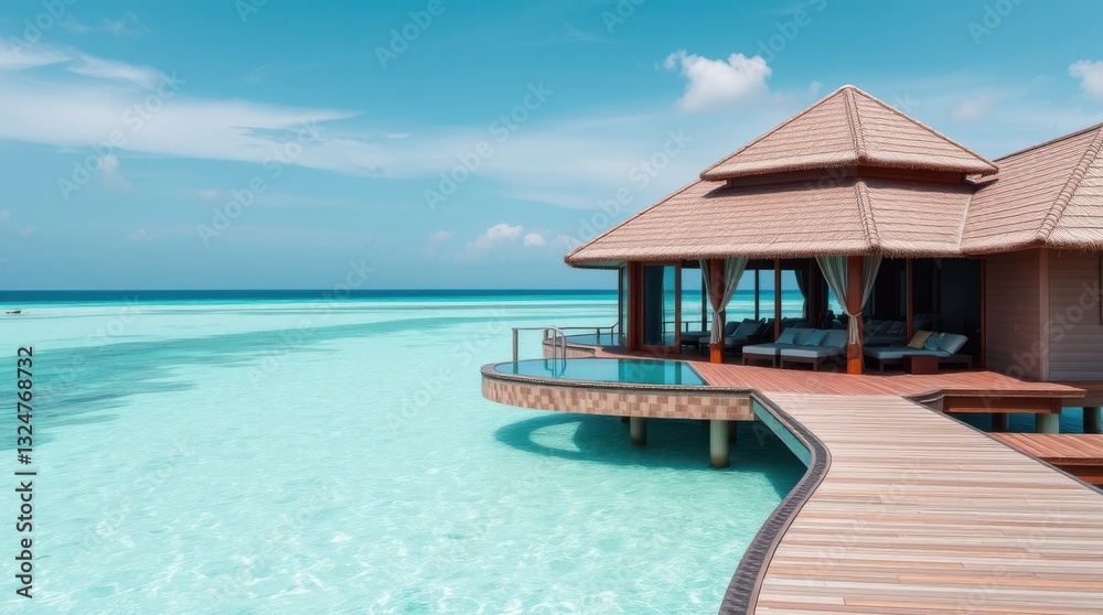Fototapeta premium Seaside villa with private pool and pathway over tranquil turquoise waters under a bright blue sky.