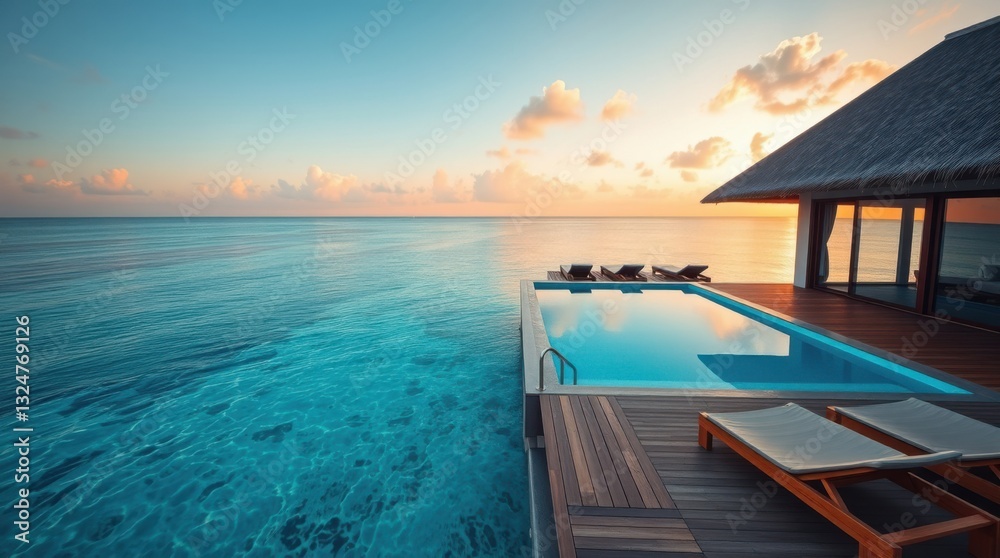 Fototapeta premium Tranquil oceanfront villa with infinity pool merging with the turquoise horizon at sunset. Serene getaway.