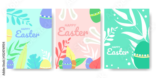 Easter Celebration poster greeting design with leaves, bunny, eggs. Vector illustration