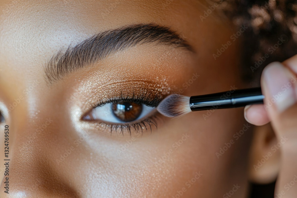 Naklejka premium A woman applying shimmery gold eyeshadow with a makeup brush, enhancing her brown eyes and defined eyebrows.