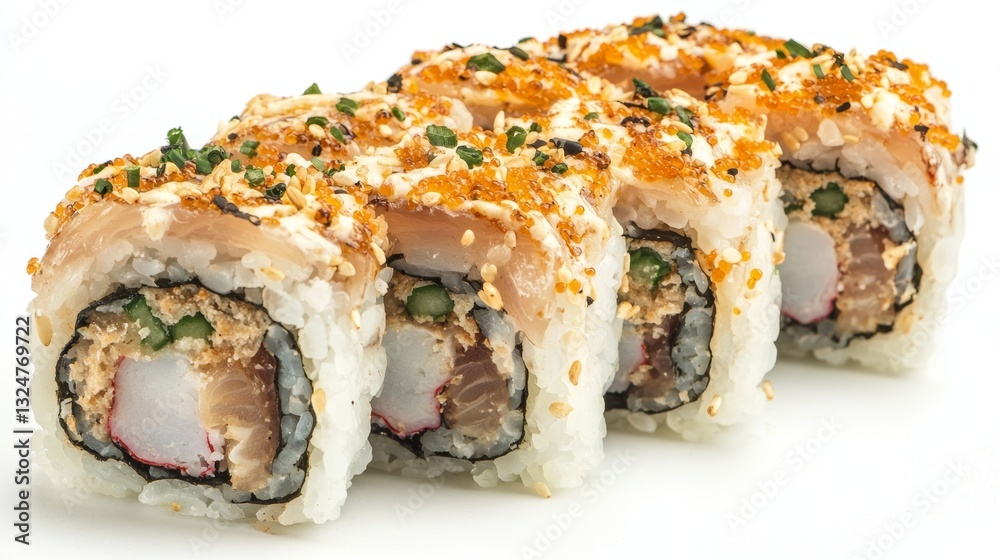 Closeup of Delicious Sushi Roll with Perfect Focus and Clean Lines Closeup of Delicious Sushi Roll with Perfect Focus and Clean Lines
