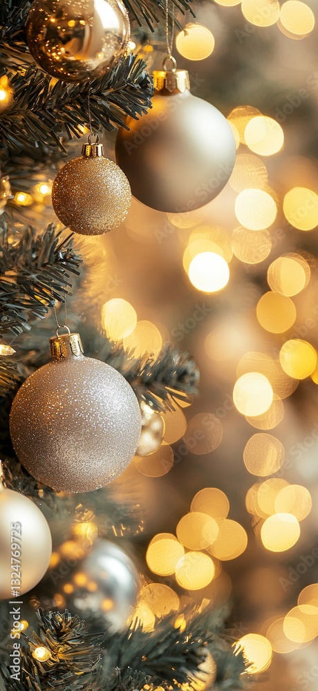Fototapeta premium Closeup of Decorated Trees with Gold and Silver Ornaments Hanging