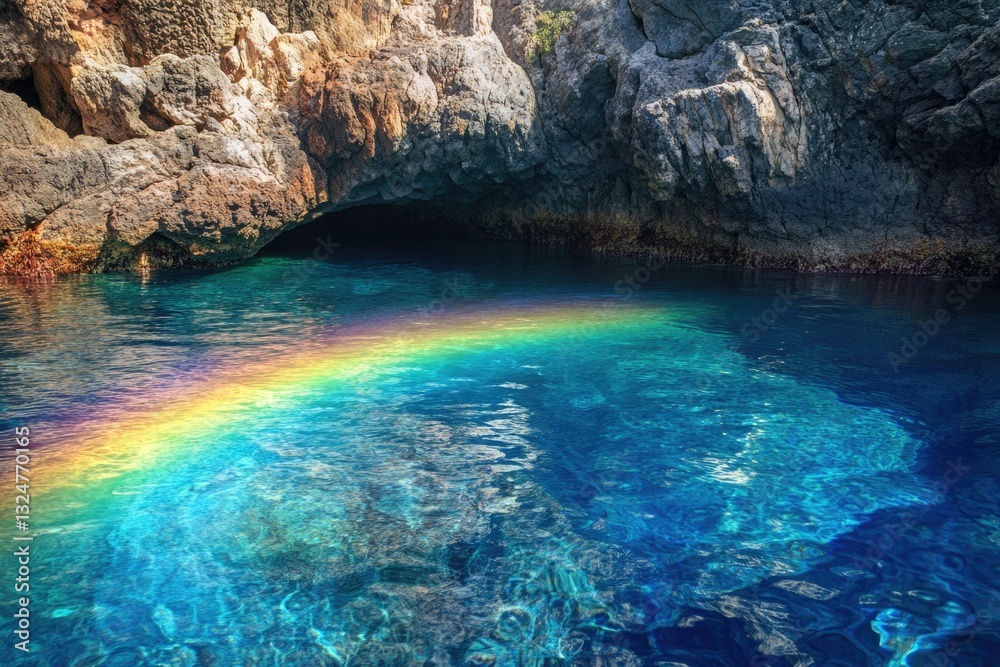 A vibrant rainbow arches over crystal-clear turquoise water in a sea cave. A vibrant rainbow arches over crystal-clear turquoise water in a sea cave.