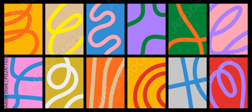 Set of abstract backgrounds with colorful lines and curves. Vector scribble patterns.