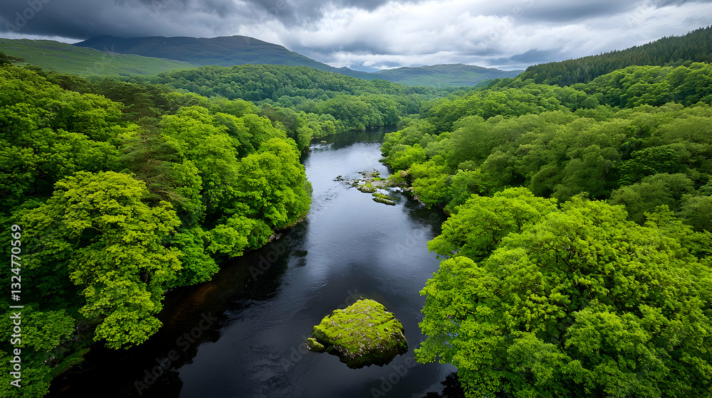 Aerial View Of A Lush Green Forest With A Dark River Flowing Through The Valley Under Cloudy Skies Aerial View Of A Lush Green Forest With A Dark River Flowing Through The Valley Under Cloudy Skies