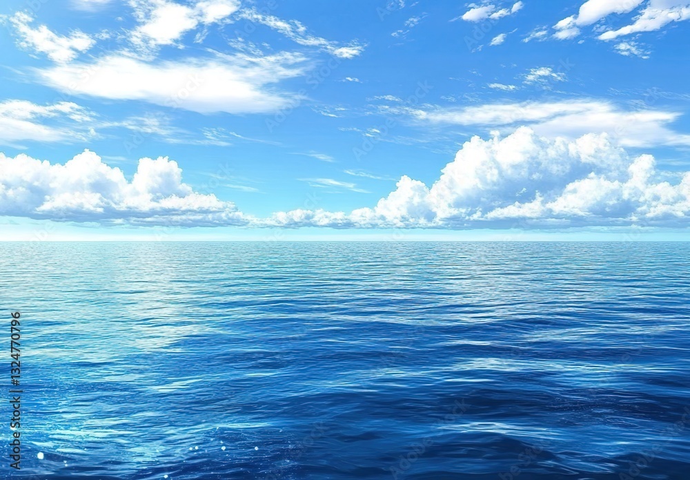 Fototapeta premium A wide shot of the vast, open ocean under a clear blue sky with fluffy white clouds.