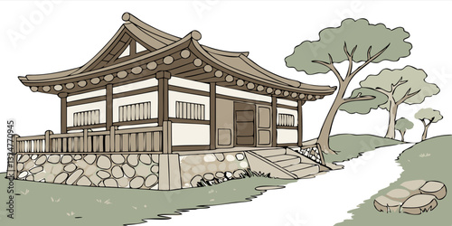 Traditional Korean hanok house with a stone wall fence in a serene setting
