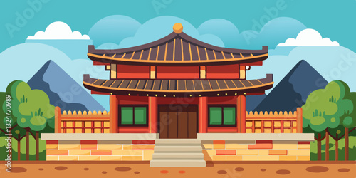 Traditional Korean hanok house with a stone wall fence in a serene setting
