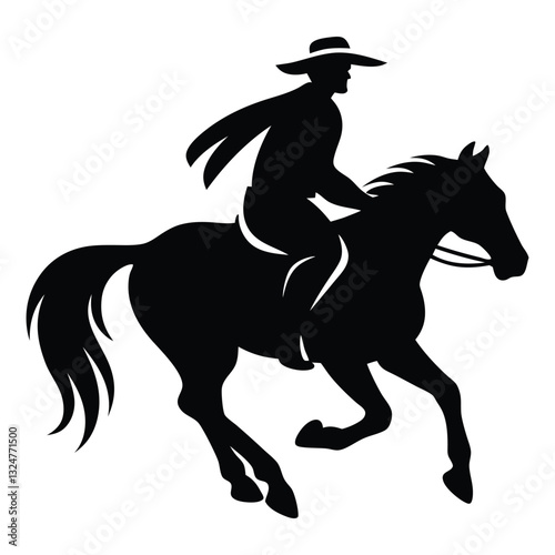 Black and White Horseman Silhouette with Crescent Moon Vector, Rider rides on a horse vector silhouette