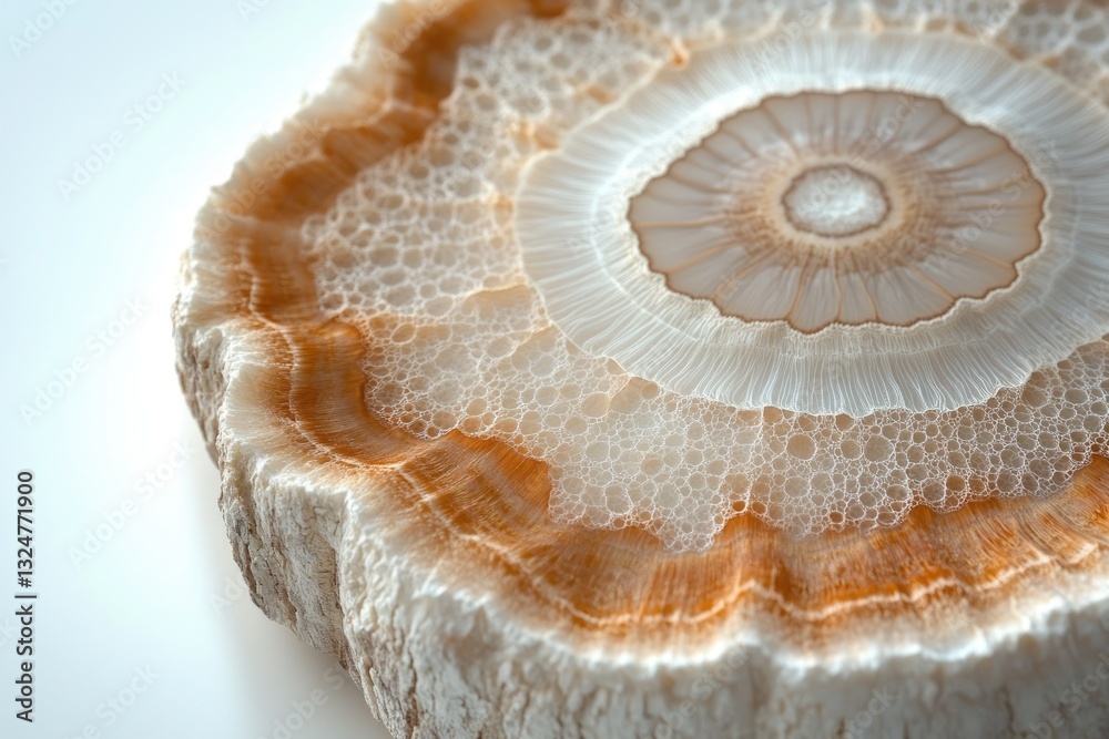 Close-up of a circular, layered stone with a concentric pattern, featuring bubbly textures and warm orange and white tones. Close-up of a circular, layered stone with a concentric pattern, featuring bubbly textures and warm orange and white tones.