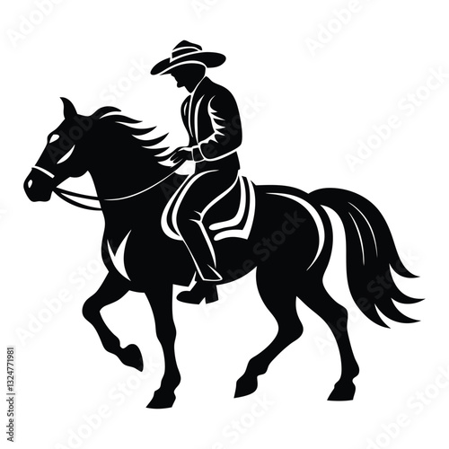 Black and White Horseman Silhouette with Crescent Moon Vector, Rider rides on a horse vector silhouette