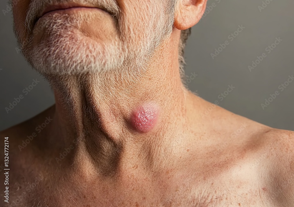 Naklejka premium Close-up of an elderly man's chest with a small, pink lesion on the skin. Closeup shot, stock photo, neutral background