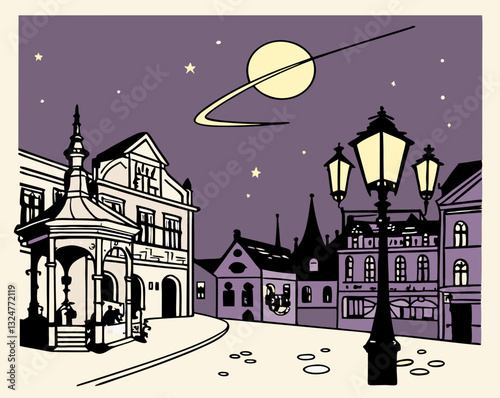 Vintage town illuminated at night with a bright moon and shooting star

